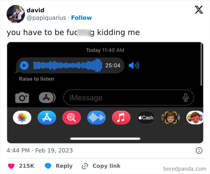 Tweet showing an iMessage voice note lasting 25 minutes, capturing frustration and amusing inconvenience meltdown humor.