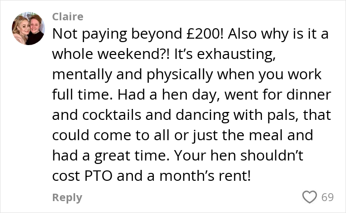 Comment from Claire discussing the cost and exhaustion of paying for hen parties amid internet debates on the topic.