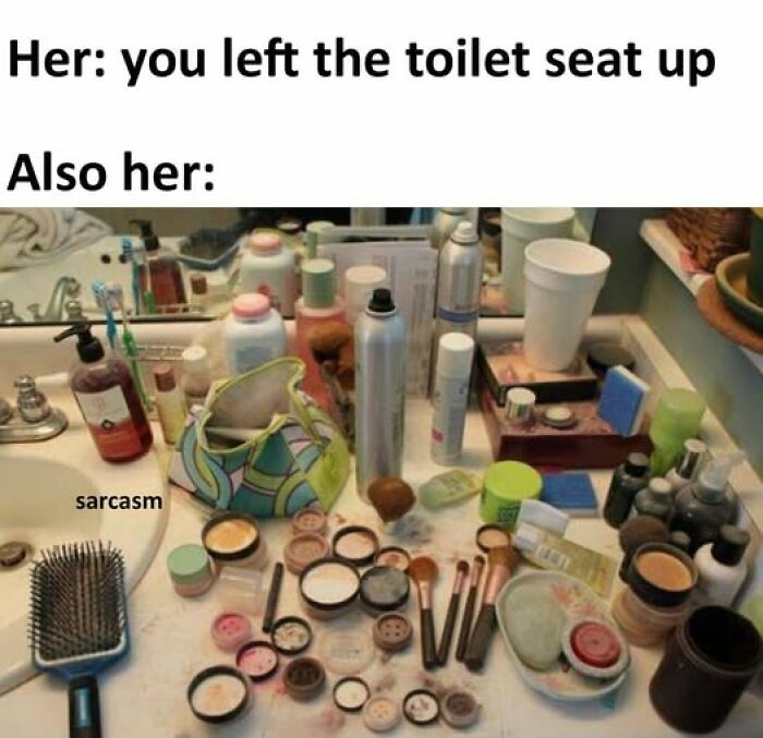 Messy bathroom counter full of makeup and toiletries shown in a hilarious meme from a Facebook page about funny memes.