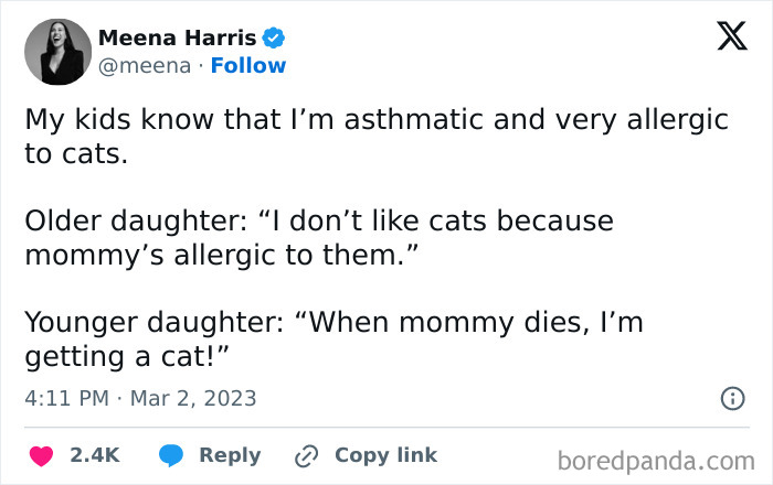 Tweet showing a parent sharing a funny and unlucky family moment involving asthma and kids wanting a cat despite allergies.
