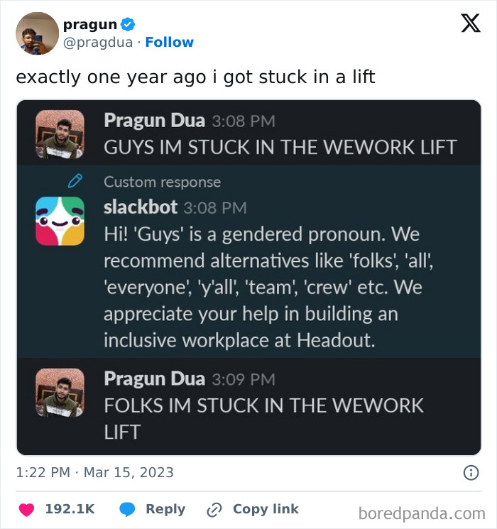 Funny and relatable meme screenshot showing a humorous Slack conversation about being stuck in a WeWork lift.