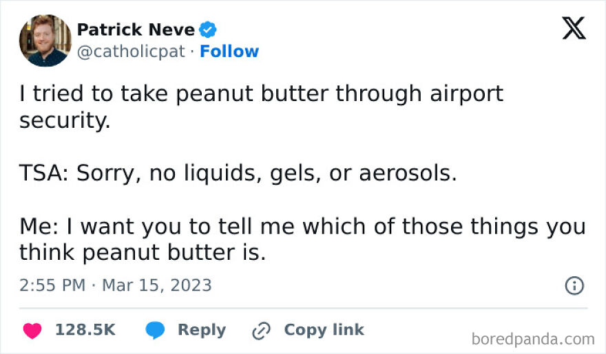 Funny meme about airport security and peanut butter, highlighting a relatable inconvenience causing meltdown frustration.