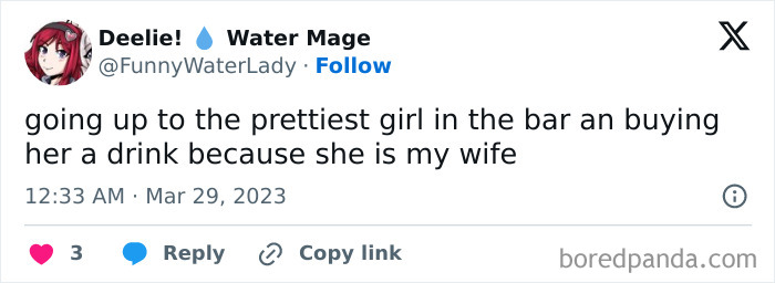 Tweet from Water Mage humorously describing buying a drink for the prettiest girl in the bar who is his wife, a wholesome meme.