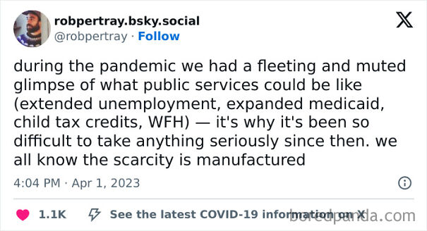 Tweet about public services and manufactured scarcity during the pandemic, reflecting strong anti-capitalism views.
