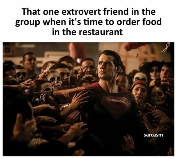Hilarious memes showing an extrovert friend confidently ordering food while others reach out in a crowded restaurant scene.