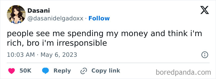 Sarcastic relatable meme showing a tweet about spending money irresponsibly for humor and social media laughs.
