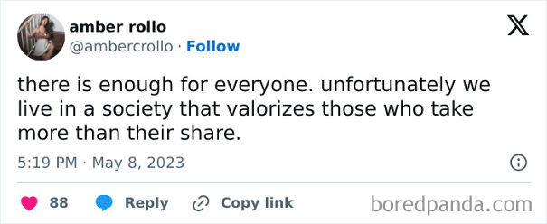 Tweet by amber rollo stating there is enough for everyone but society valorizes those who take more, expressing anti capitalism views.