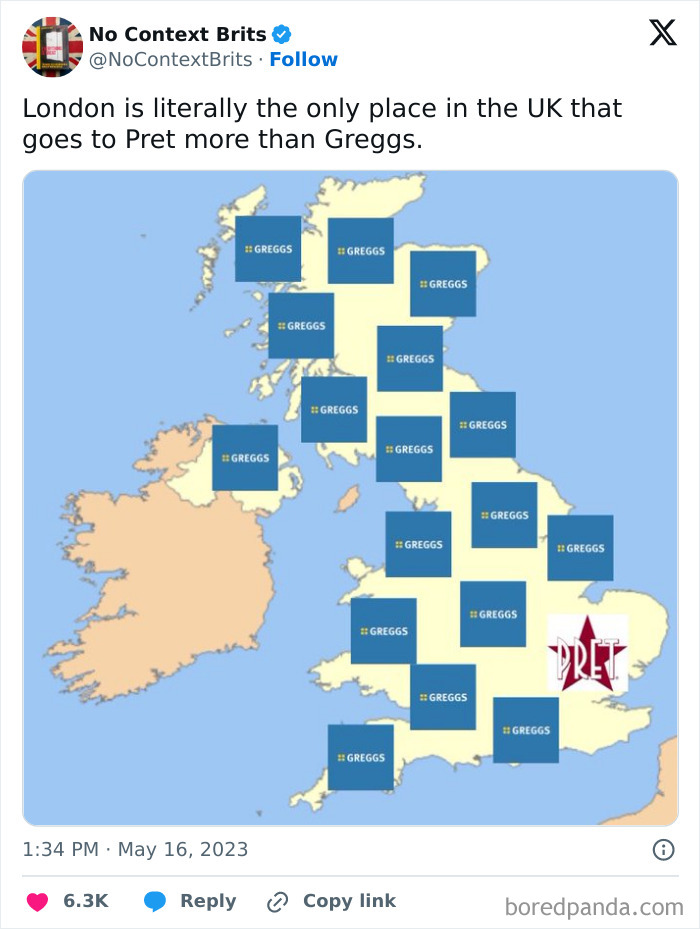 Map of the UK showing Greggs as the popular choice except London where Pret is favored, illustrating British humor posts.