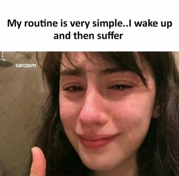 Young woman with teary eyes giving thumbs up, illustrating a hilarious meme about a simple routine from a Facebook meme page.