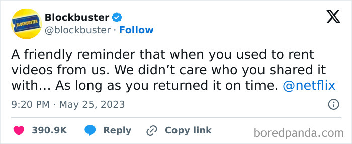 Blockbuster tweet reminding ’90s fans about renting videos and sharing memories from nostalgic ’90s posts and memes.