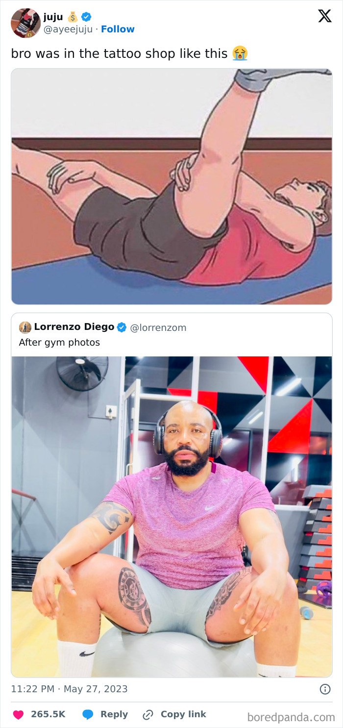 Man showing thigh tattoos after gym, paired with a humorous cartoon about a tattoo shop pose, in cringey Instagram post.