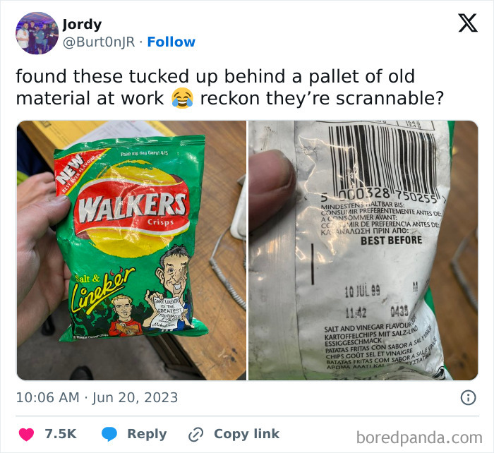 British humour showcased in a funny social media post featuring vintage crisps with a hilarious expiry date prank.