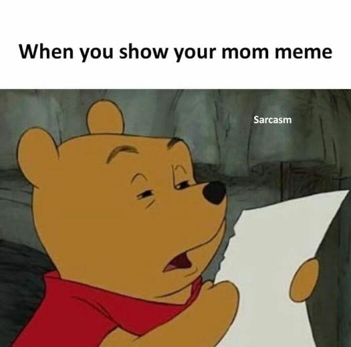 Winnie the Pooh looking confused at a paper with text about showing your mom a meme, related to hilarious memes.