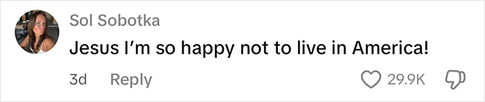 Comment from Sol Sobotka expressing happiness about not living in America, related to waitress upset after reviewing tips.