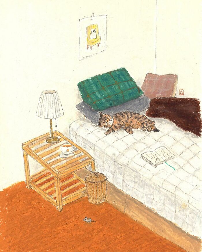 Cozy hand-drawn artwork of a cat resting on a bed in a warm, homey room, perfect for cat lovers.