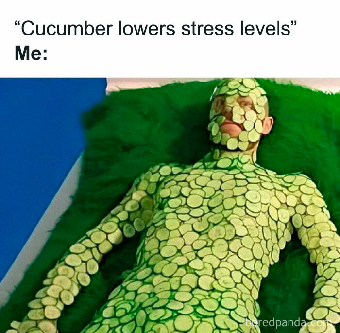 Person covered in cucumber slices lying down on a green surface, illustrating a hilarious meme about stress relief.