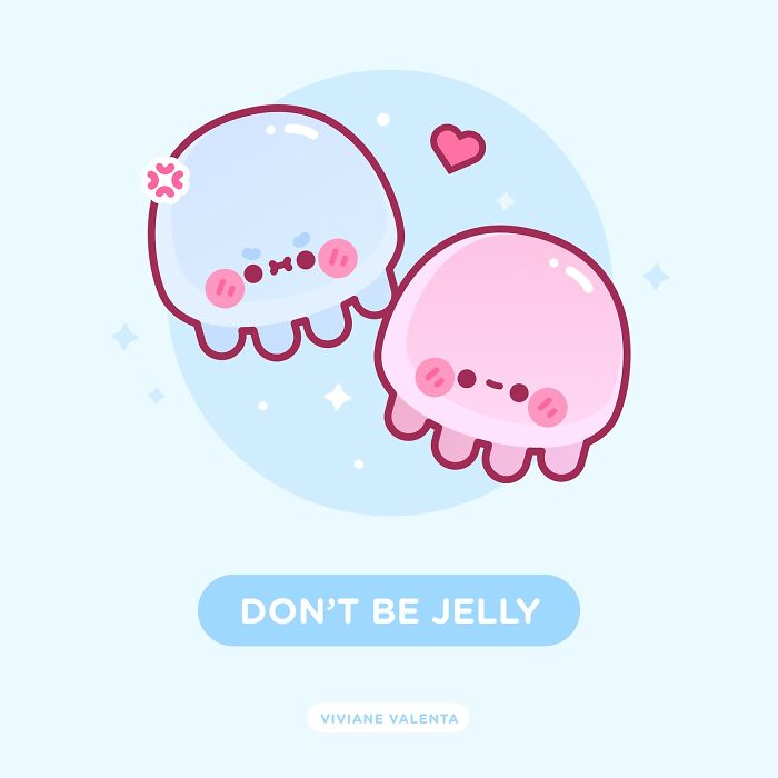 Cute illustration of food puns featuring two adorable jelly characters with expressive faces by Viviane Valenta.