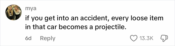 Screenshot of a social media comment warning that loose items in a car can become dangerous projectiles in an accident.