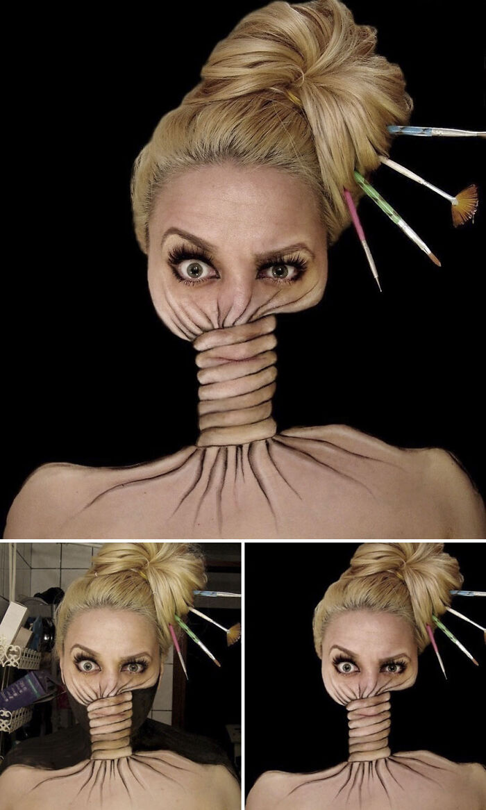 Surreal makeup look by talented artist featuring a twisted neck illusion and paintbrushes in blonde hair against black background.