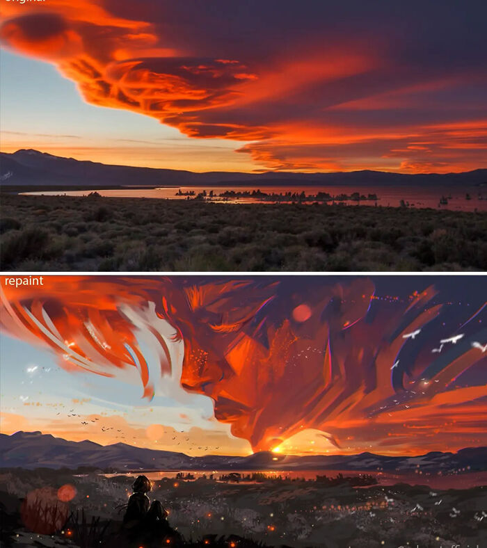 Landscape sunset photo transformed into a fantastical world by an artist repainting photos with vibrant imaginative elements.
