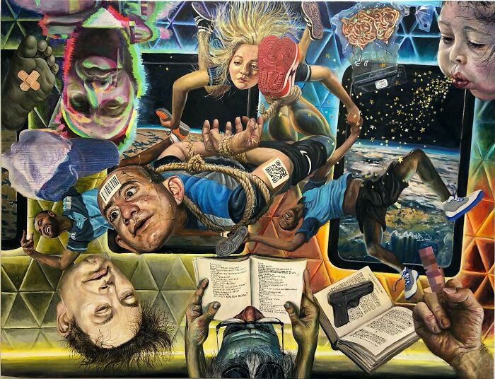 Surreal artwork illustrating humorous layers and social tensions with floating figures and symbolic objects in vibrant colors