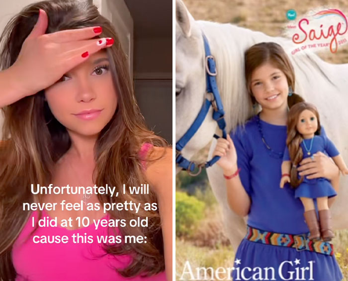 Young woman sharing her glow down story, comparing her current look to her childhood photo with a horse and doll.
