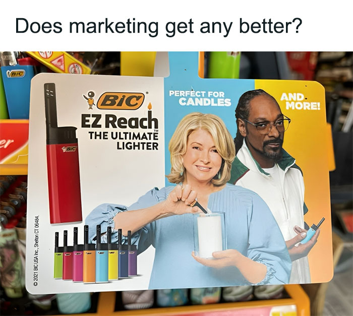 Marketing meme featuring a Bic lighter ad with a woman lighting a candle and Snoop Dogg holding a lighter.