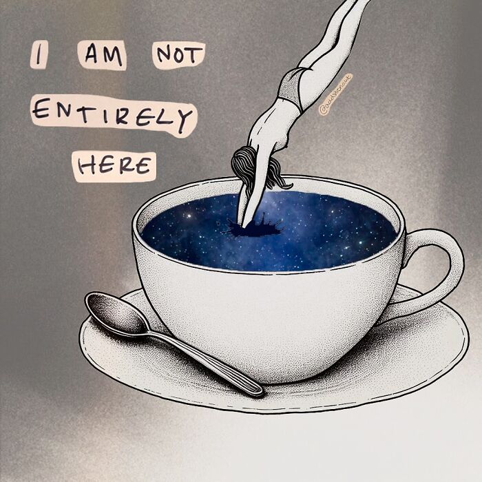 Surreal art therapy illustration of a person diving into a teacup filled with a starry night sky, expressing vulnerability.