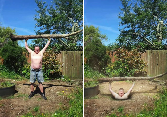 Man holding a large tree branch in two photos, one lifting it and one edited to appear underground in hilarious Photoshop edits.