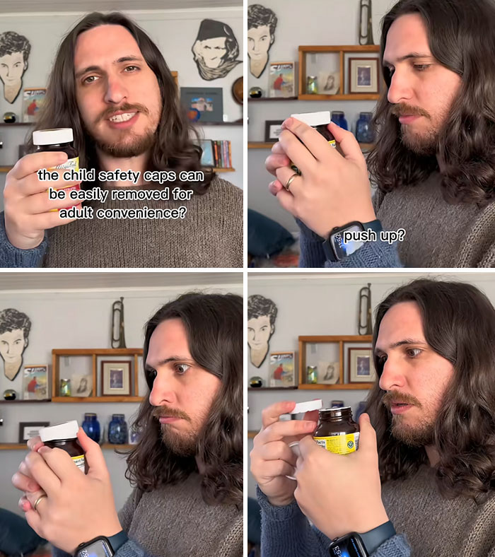 Man in his 30s demonstrating how to open a child safety cap, sharing useful life knowledge and tips.