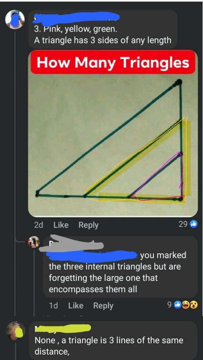 Online group comments on overconfident know-it-alls incorrectly correcting triangle puzzle answers.
