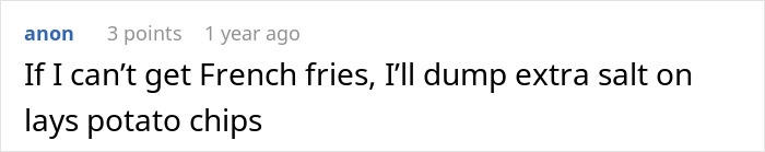 Text post about preferring chips over French fries when unavailable, relating to French fries and diet coke treating migraine.