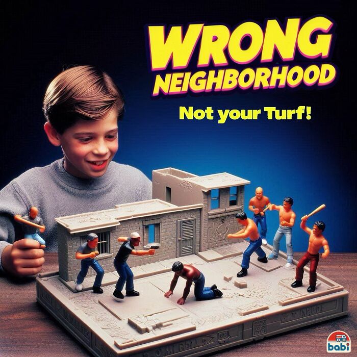 Child playing with hilariously dark toy set featuring violent neighborhood battle scene, illustrating toys never meant for kids.
