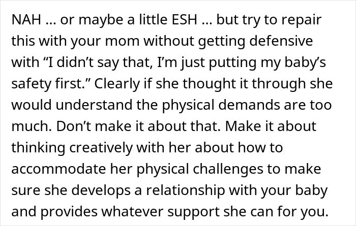 Text excerpt discussing concerns about physical demands of babysitting for obese mom and planning support for newborn care.