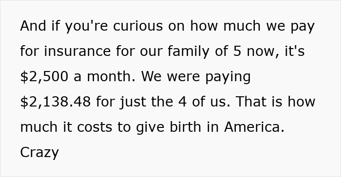 Text excerpt about high costs of insurance and expenses related to giving birth in America from a new mom's perspective.