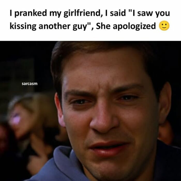 Man making a funny face in a hilarious meme about pranking his girlfriend on a popular Facebook page.