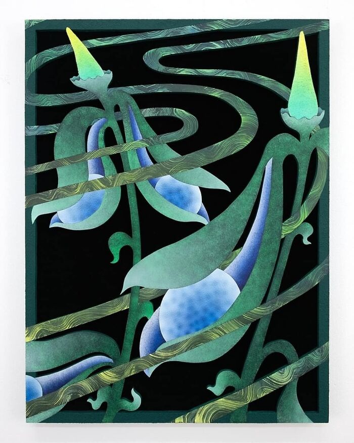 Abstract glowing garden artwork with vibrant blue and green flowers entwined by swirling vines against a dark background.