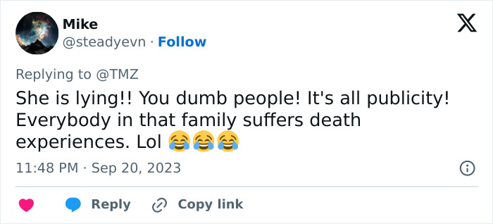 Tweet by user Mike expressing disbelief and calling out publicity, mentioning death experiences and using laughing emojis. Tweet by user Mike expressing disbelief and calling out publicity, mentioning death experiences and using laughing emojis.