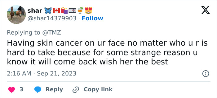 Tweet discussing skin cancer on the face, highlighting challenges and sending well wishes related to plastic surgery concerns. Tweet discussing skin cancer on the face, highlighting challenges and sending well wishes related to plastic surgery concerns.