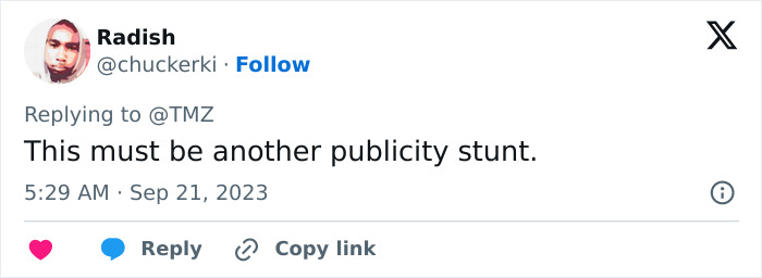 Twitter user Radish responding to TMZ, suggesting the post is another publicity stunt related to Khloe Kardashian plastic surgery. Twitter user Radish responding to TMZ, suggesting the post is another publicity stunt related to Khloe Kardashian plastic surgery.