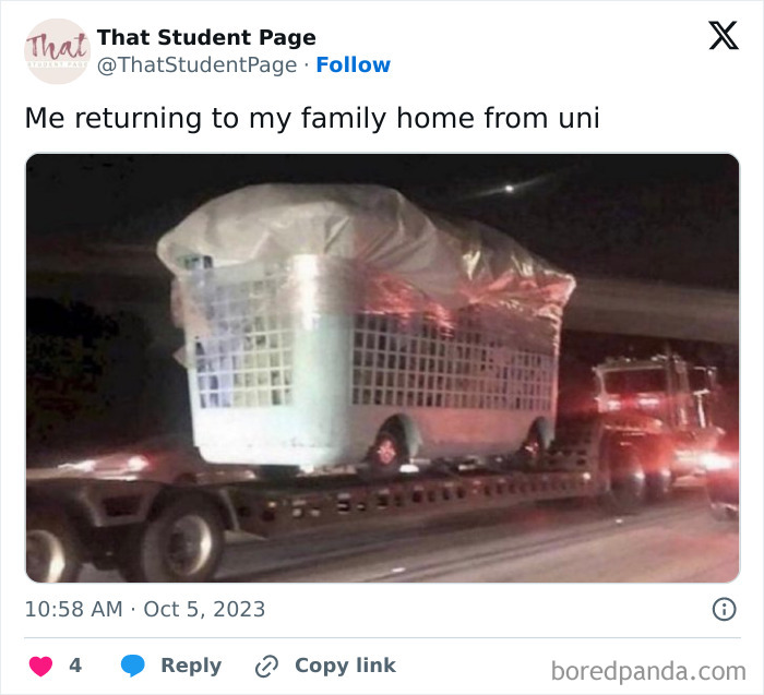 Meme showing a large laundry basket on a truck, humorously depicting a student moving home from university, relatable student meme.