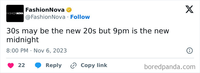 Tweet from FashionNova about changing age and bedtime humor, showcasing popular millennial memes on Instagram pages.