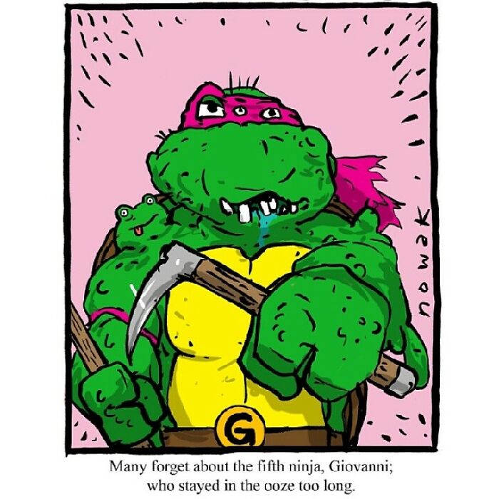 Cartoon comic of a green ninja turtle with peculiar sense of humor featuring absurd and quirky character design.