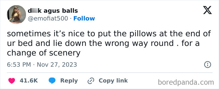 Tweet about changing perspective by lying the wrong way on the bed, part of relatable posts to make your day better.