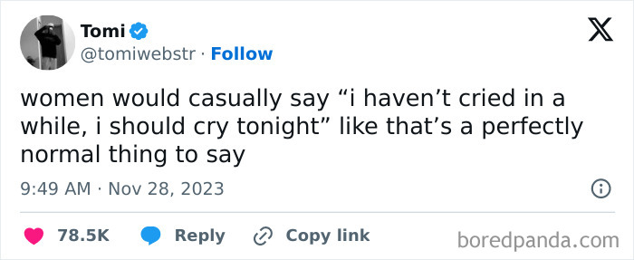 Tweet about women casually mentioning crying tonight, highlighting relatable posts to make your day better with smile today cry tomorrow theme.