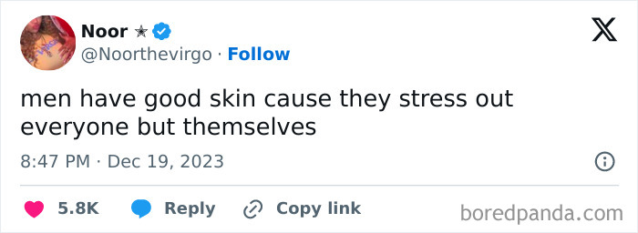 Tweet by Noor about men having good skin from stressing out others, related to relatable posts to make your day better.