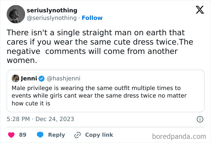 Screenshot of a social media post discussing women being called out online for wearing the same dress twice.