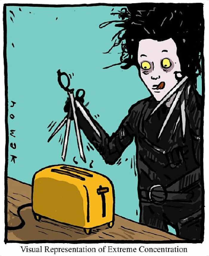 Cartoon by artist with peculiar sense of humor showing absurd scene of a character holding scissors near toaster in comic style.