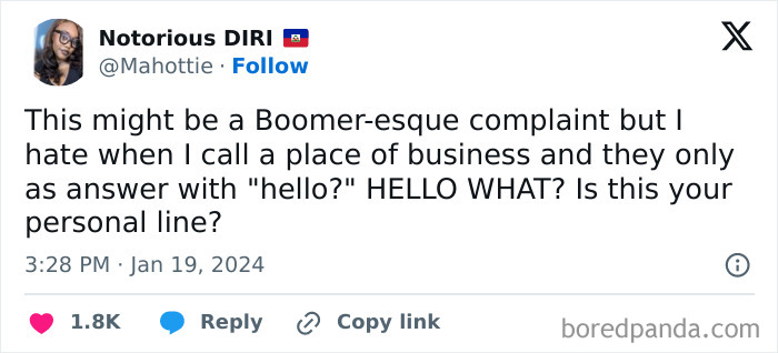 Tweet about a Boomer complaint on customer service greetings, reflecting young people's views on physical keys for cars.