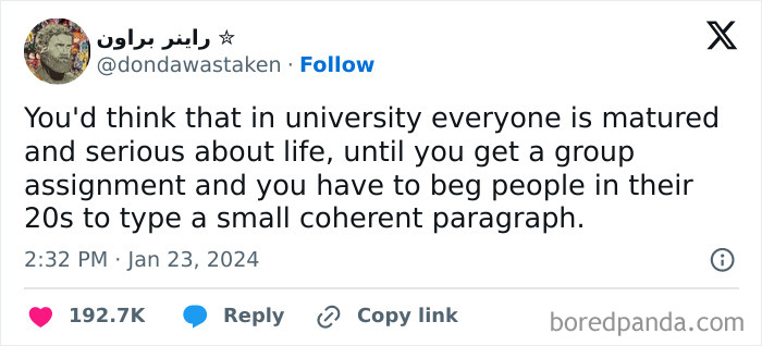 Tweet about university group assignments showing relatable student struggles with writing coherent paragraphs.